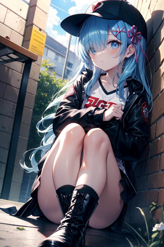 rezeroRem, Rem, blue eyes, Blue Hair, hair ornaments, Hair on one eye, hair ribbon, Long Hair, x hair ornaments,Baseball cap,Riders jacket　Open front,red v neck t shirt,mini skirt,Black knee socks,short boots,Sitting leaning against a wall,rain,Cloudy,Hiding under a roof,whole bodyがイラストに入るように,
break outdoors, Alley,
break looking at viewer, whole body,
break (masterpiece:1.2), Highest quality, High resolution, unity 8k wallpaper, (figure:0.8), (Beautiful attention to detail:1.6), extRemely detailed face, Perfect lighting, extRemely detailed CG, (Perfect hands, Perfect Anatomy),