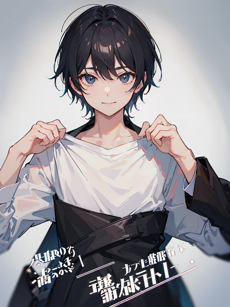 A man wearing a black jacket and a white T-shirt、Have a camera、Shortcuts、Black Hair、smile