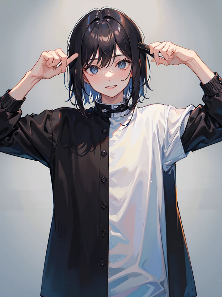 A man wearing a black jacket and a white T-shirt、Have a camera、Shortcuts、Black Hair、smile