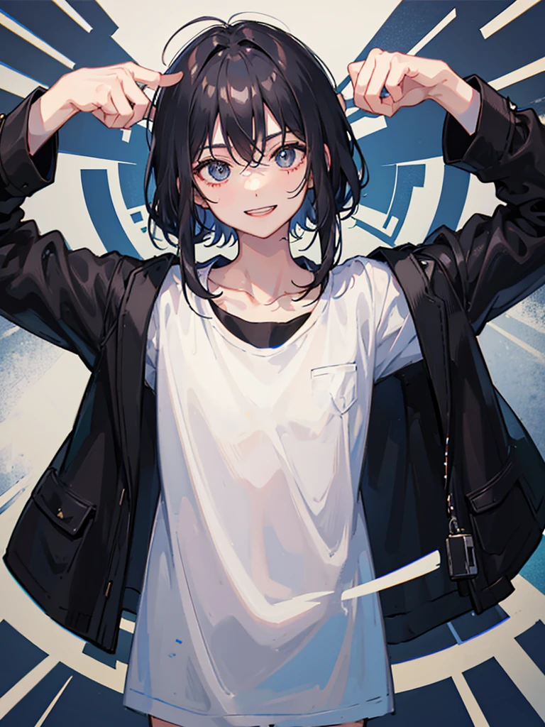 A man wearing a black jacket and a white T-shirt、Have a camera、Shortcuts、Black Hair、smile