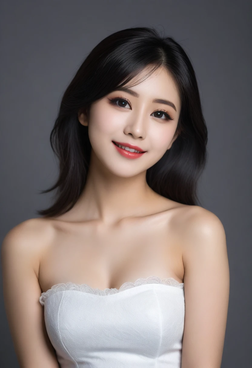8K, Ultra-high resolution, Highest quality, masterpiece, 三分割法によるphotograph,Surreal, photograph, 1 Girl, (:1.3), pretty girl, Cute face, Beautiful eyes in every detail, 細かくdetailedに,masterpiece,, One Girl:1.2, Japan Female Announcer,whole body,Young Wife,カールしたBlack Hairのゴシック女性, black eye,Pencil Skirt, Short blouse with a sweetheart neckline, Black lipstick,A carefree smile,Heal the heart,Black Hair,Looking at the audience、beauty,Long neck、Laugh a little、Please close your mouth and laugh、(((Ideal body type))),A cup small breasts :2,、Portraiture:2、Perfect Anatomy、鮮明なdetailed、detailed、Surreal、Light and shadow,Strong light