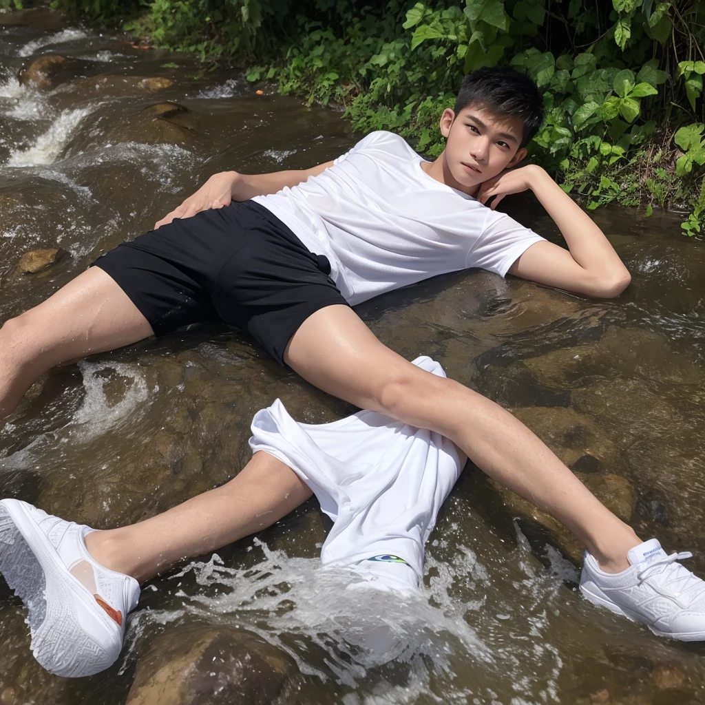 clothes: Wearing a white t-shirt, skinny, white volleyball shorts,bigger Phallus. shoes: wearing black shoes. situation: Handsome Indonesian young man  as Is lying down  in the river with clothes soaked in river water . (Full body shot) (action focus)