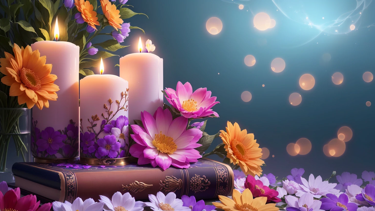 Three candles placed on a book surrounded by flowers, Beautiful Wallpapers, books and flowers, Floral Wallpaper, High-resolution wallpapers, Beautiful Art UHD 4K, Awesome Wallpapers, Glowing Flower, Magic Flower, Glowing Candles, Magical colorful flowers, Very beautiful photos, Relaxed atmosphere, wallpaper 4k, wallpaper 4k, Peaceful atmosphere, Wallpaper HD