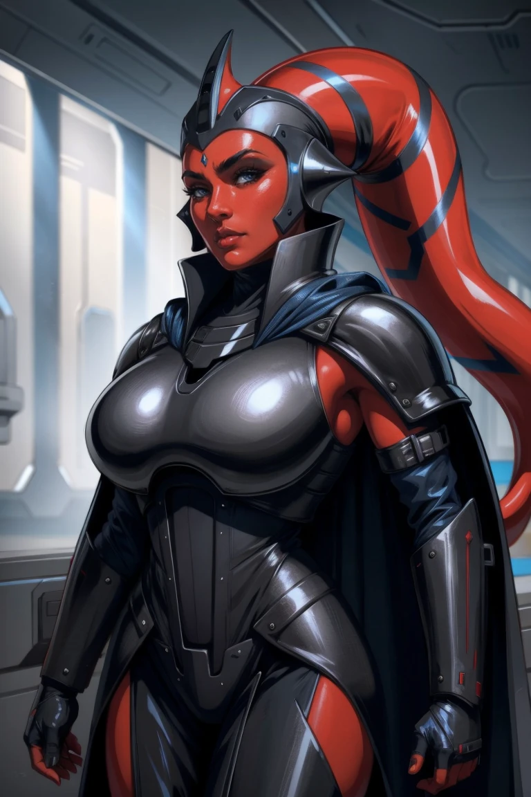 Brutal Red Skin Twi'lek with huge breasts wearing futuristic ((sleek (black) armor, black armor)) robes, cowl, crown, helmet, cape, huge breasts, slim hips, small waist, full-body shot