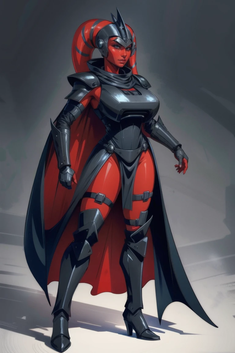 Brutal Red Skin Twi'lek with huge breasts wearing futuristic ((sleek (black) armor, black armor)) robes, cowl, crown, helmet, cape, huge breasts, slim hips, small waist, full-body shot