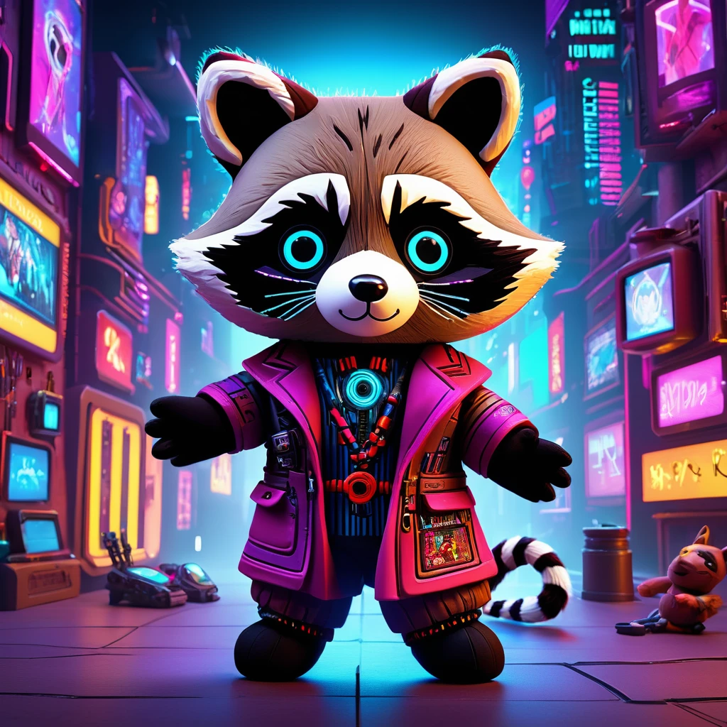 (knitted toy voodoo doll:1.8), (Voodoo raccoon:1.9), (Clothing: high-tech robes with glowing circuits:1.0), (Accessories: holographic staff, digital spellbook, cybernetic eye:1.2), (Background: futuristic cityscape with neon lights and floating screens:1.2), (full body:1.0), best quality, masterpiece, detailed soft oil painting, detailed background, dramatic cinematic lighting, soft edge lighting, professional, dramatic lighting, hard edge lighting, ultra quality, 4k,masterpiece, best quality, 8k, ultra highres, highres, extremely detailed