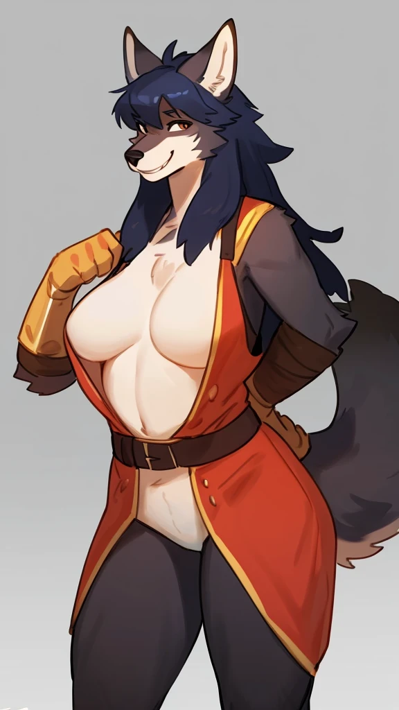 By bebebebebe, by lostgoose, by goonie-san, solo, standing, female, wolf,dragon, fuerte,sexy, hair long, blak, smiling, happy,pirate full body