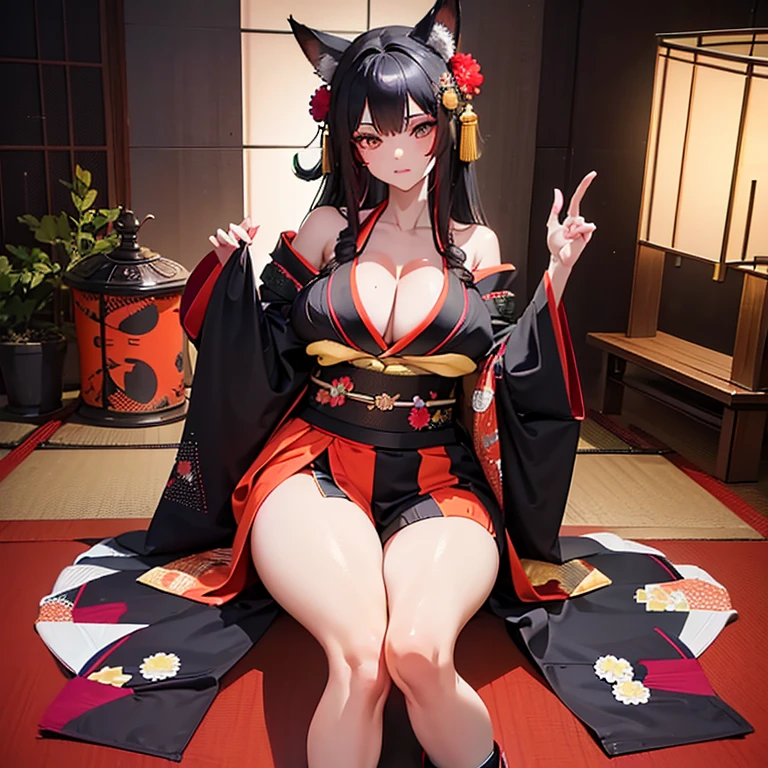 (Fox Girl, Fox Ears, Black colored hair, Fox Makeup, One Girl, Long Hair:1.2), (kimono, Kimono with open chest, A beautiful kimono with red and black patterns, I can see her cleavage, Open chest, Exposed skin:1.8), (Body size is 100-70-90!, Nice body, Big Breasts, Soft breasts, Emphasize cleavage, Thighs are slightly visible, Muscular, Abdominal muscles, Grab your own chest:1.4), Avatar, face, lewd face, Dominant representation, naughty face, Uplifting, Skin Texture, outside, Grassy field