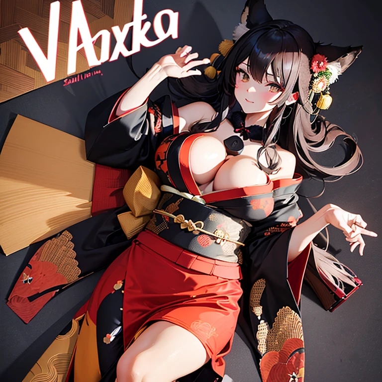(Fox Girl, Fox Ears, Black colored hair, Fox Makeup, One Girl, Long Hair:1.2), (kimono, Kimono with open chest, A beautiful kimono with red and black patterns, I can see her cleavage, Open chest, Exposed skin:1.8), (Body size is 100-70-90!, Nice body, Big Breasts, Soft breasts, Emphasize cleavage, Thighs are slightly visible, Muscular, Abdominal muscles, Grab your own chest:1.4), Avatar, face, lewd face, Dominant representation, naughty face, Uplifting, Skin Texture, outside, Grassy field