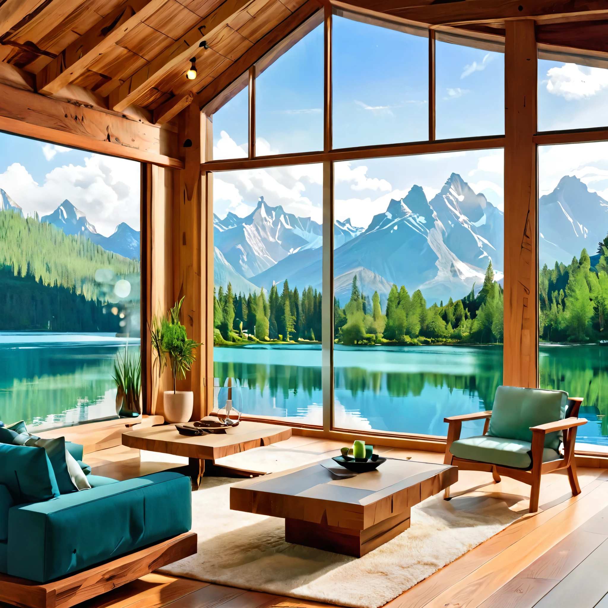 A luxurious and modern living room with a large open view of a serene mountain lake. The space features sleek wooden furniture, minimalist decor, and large glass windows that enhance the natural beauty outside. The color palette includes cool tones of blue and green, complemented by warm wooden accents and contemporary lighting fixtures