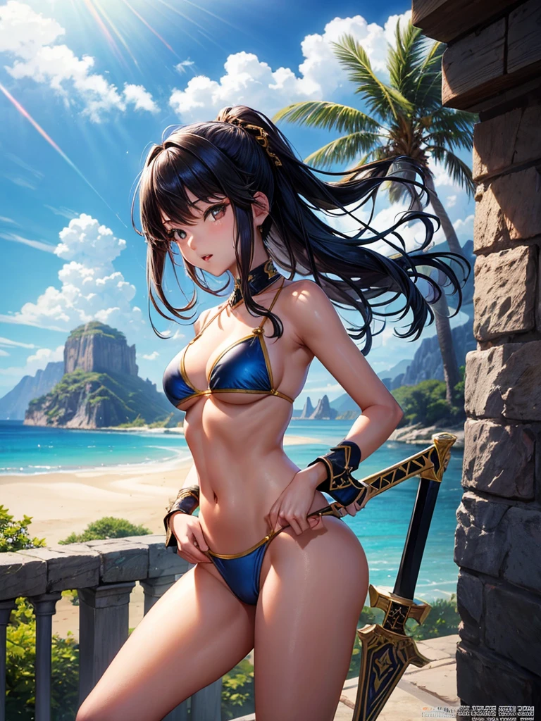Beautiful Asian girl, 18 years old, bikini knight girls, sexy lady, medium breasts, camel toe, long sword,