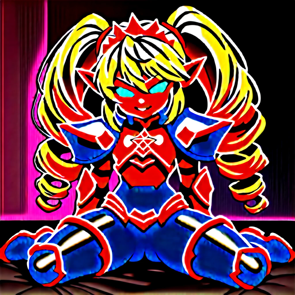 Lancer Artoria body (Alexis Texas Face), elegant adult female, blonde, green eyes (yellow eyelashes) crown, turtleneck, full body sitting on a bench, showing ass to me, RED breastplate, RED skin (1SologirlRED skin:1.2), looking at viewer, shiny, armor, thigh highs, high boots, pauldrons shoulder armor, faulds, poleyn, RED gloves gauntlets, rerebrace, RED military armored boots, yordle muscular lean platinum blonde long twin tails hairstyle at the bedroom lustful smirking smile face red blushed, blush, strong abs, female body builder, tiara, twin drills hair, (masterpiece, best quality, ultra detailed, best shadow)