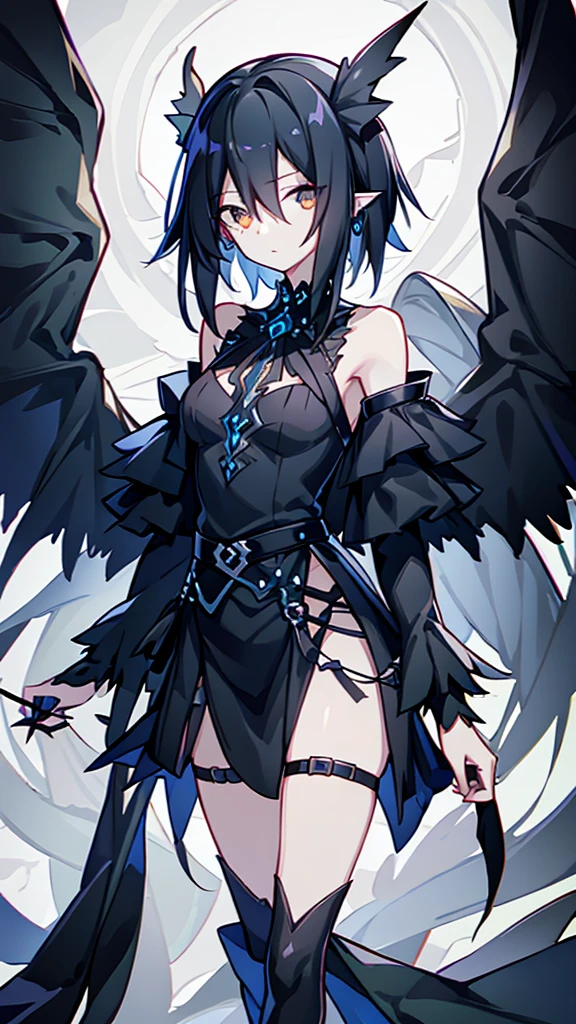 Gothic Harpie Fleeting Bird legs Belt on torso Black hood Character portrait whole body Japanese anime hand drawn illustration