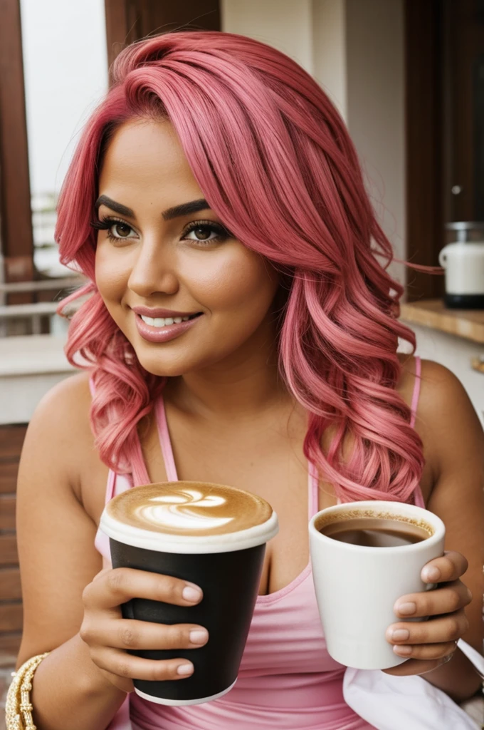Madura latina curvy, pink hair, drinking coffee