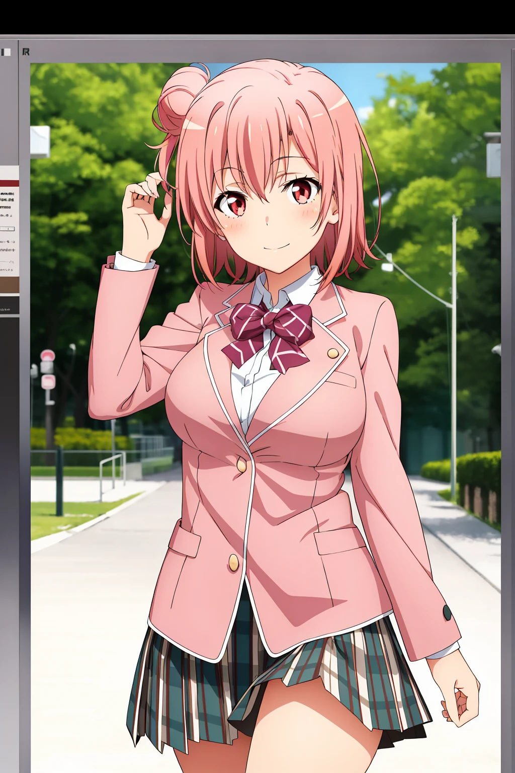 highest quality, High resolution, perfect pixel, Depth of the bounds written, 4k, beautiful anime girl, perfect body, 
looking at the viewer, 
Yuigahama Yui, 1 girl, short hair, pink hair, hair bun, pink eye, 
large breast, 
blazer, kilt skirt, 
cowboy shot, 