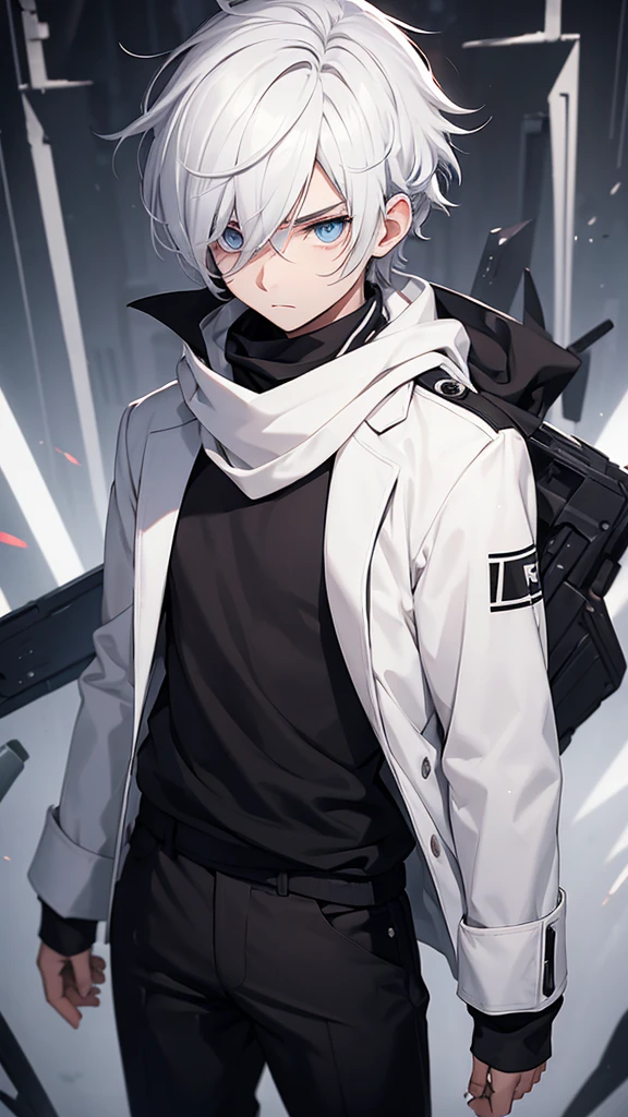 Boy with white hair;
shorth hair;
Messy hair;
eye white;
Some gun sight marks on the pupils;
wear black pants;
black jersey;
A white sweater;
A white scarf;
There's a white sniper on the back;
