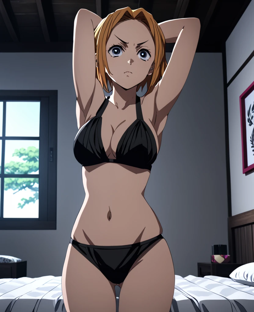 Makio from demon slayer, standing in a bed room, wearing black bikini, sexy pose, arm's above showing armpits, detailed image,clear image ,4k