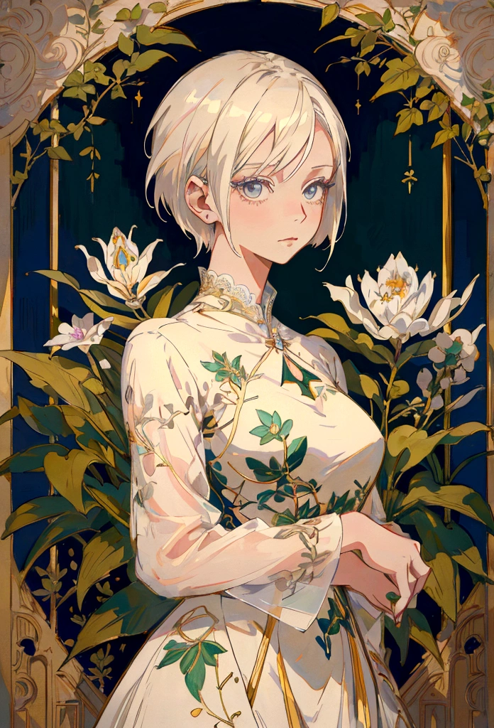 Anime Style, Kind Madame, Short Hair, Platinum Blonde, No makeup, lady, She is wearing a beautiful embroidered silk dress., Gentle expression, Elegant, Ultra-detailed botanical references, Maximalist Botany, beautifully、Aesthetically beautiful illustration masterpiece, Topaz AI Post Editing