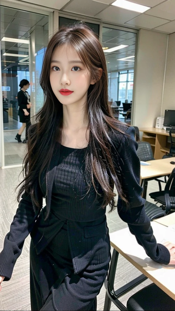 (best qualtiy,8K,32k,tmasterpiece,hyper HD:1.2),1girll,beautiful Korean womerrow waist,Business suit,Open jacket,office lady,Business suit,trouser,From the front side,office room,(Stick out your chest:1.2),Detailed face,Long brown hair,Street photography,streetview,Super huge