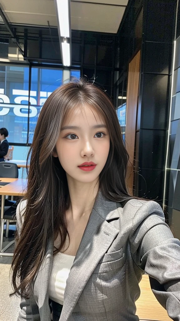 (best qualtiy,8K,32k,tmasterpiece,hyper HD:1.2),1girll,beautiful Korean womerrow waist,Business suit,Open jacket,office lady,Business suit,trouser,From the front side,office room,(Stick out your chest:1.2),Detailed face,Long brown hair,Street photography,streetview,Super huge