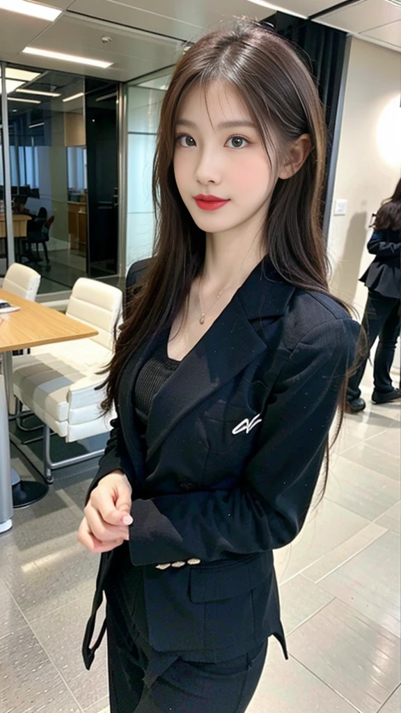 (best qualtiy,8K,32k,tmasterpiece,hyper HD:1.2),1girll,beautiful Korean womerrow waist,Business suit,Open jacket,office lady,Business suit,trouser,From the front side,office room,(Stick out your chest:1.2),Detailed face,Long brown hair,Street photography,streetview,Super huge