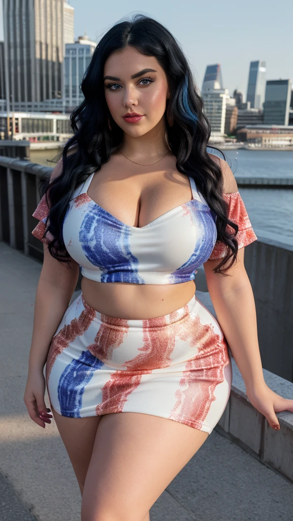 Generate an 8K UHD resolution, professional, full-length photoshoot image of a beautiful, plus-size woman with a big, curvy body and thick thighs, standing in front of the London Bridge during daylight with colorful lights in the background. She should have a big round chest with deep cleavage and a tight, slim belly. Her skin should be white, spotless, and smooth. She is wearing a glossy, royal-feeling crop top dress with a colorful design in red, white, blue, pink, and yellow. Her black hair should be wavy and curly with bright brown highlights, and she should have extremely detailed, bright blue eyes with visible iris patterns and well-shaped eyebrows. The overall image should have a cinematic quality with sharp focus.