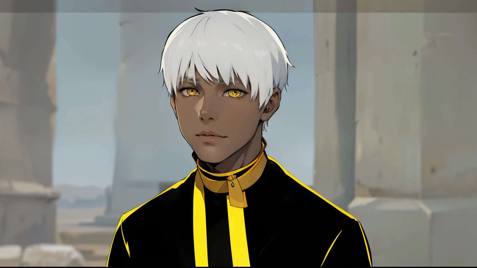 cute slim boy with white hair yellow eyes black clothes from ancient egypt is 