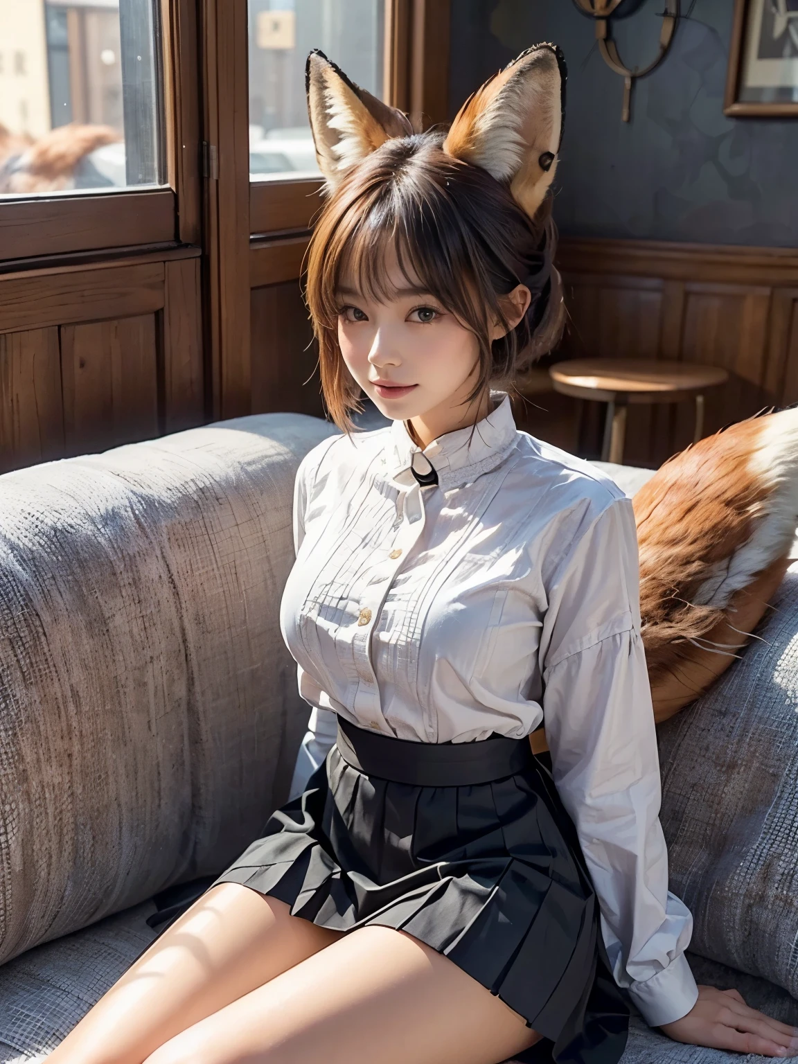 ((Highest quality, 32k)), ((masterpiece)), (Familiar), Perfect Face, pretty girl, She is sitting on a sofa in a cafe in the city., She is relaxing and drinking tea, She has a bushy tail growing out of her ass, (She has a fox tail.:1.5),She has a fluffy tail, Small breasts, She is wearing a neat blouse and a tight mini skirt., A bushy tail is visible from under her skirt,, Slender body, Her tail sticks out from under her skirt, (A fox tail protrudes from the inside of her skirt.:1.4), The base of her tail is hidden under her skirt and cannot be seen., She is gently stroking her tail