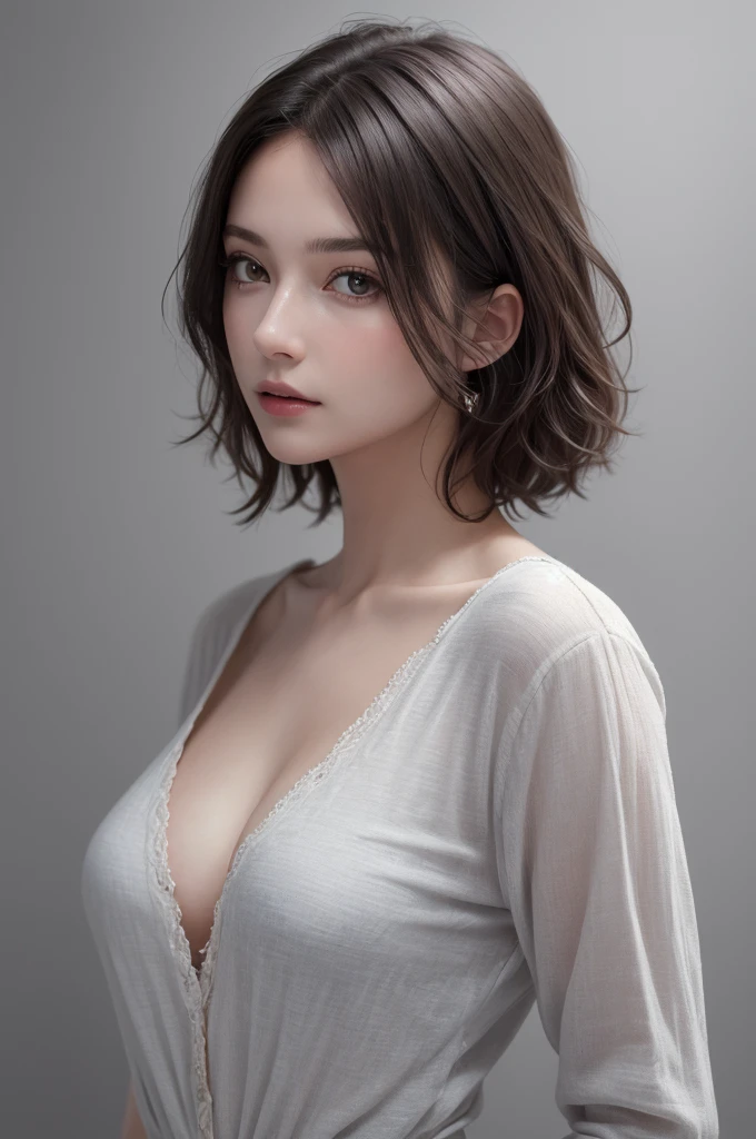 8K Ultra HD、RAWphotograph、モデルphotograph撮影、 European Fashion、(masterpiece、Highest quality、Realistic、High resolution、photograph:1.3)、close、focus on、Hot Model、slim、30 year old mature woman、Small face、No makeup、short hair、Beautiful dark brown Hayne eyes、Genuineスキン、(Perfect body)、Sexy hot face、erotic、sexual sight、slim、shirt、Long sleeve、Hide your chest、Beautiful eyes in every detail、Glossy lips、Small breasts、Small breasts、Bust B cup、((Bright light、Dynamic Lighting、Genuine、超Genuine、 realism、Genuineなディテール、Cool Beauty、Cool pose、Background gray、Plain gray background