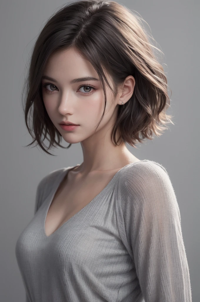 8K Ultra HD、RAWphotograph、モデルphotograph撮影、 European Fashion、(masterpiece、Highest quality、Realistic、High resolution、photograph:1.3)、close、focus on、Hot Model、slim、30 year old mature woman、Small face、No makeup、short hair、Beautiful dark brown Hayne eyes、Genuineスキン、(Perfect body)、Sexy hot face、erotic、sexual sight、slim、shirt、Long sleeve、Hide your chest、Beautiful eyes in every detail、Glossy lips、Small breasts、Small breasts、Bust B cup、((Bright light、Dynamic Lighting、Genuine、超Genuine、 realism、Genuineなディテール、Cool Beauty、Cool pose、Background gray、Plain gray background