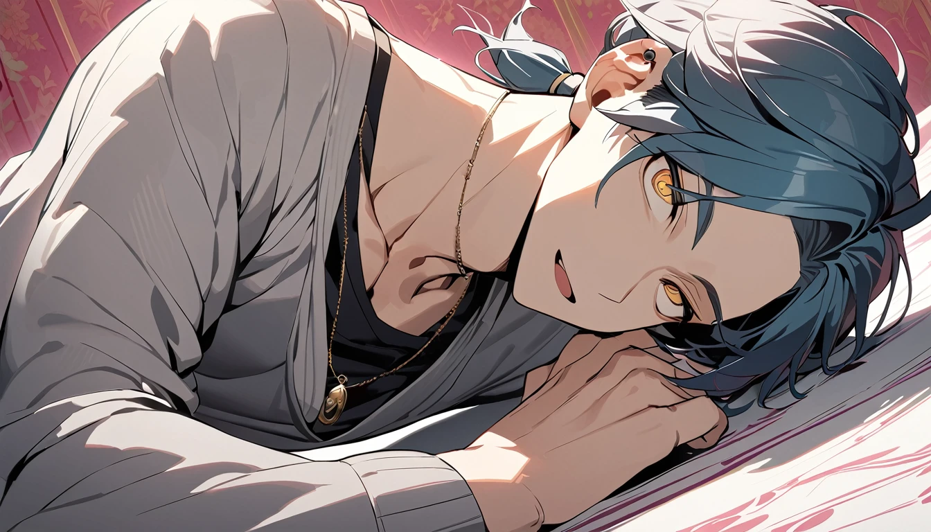 ((((best masterpiece, best quality, wallpaper,)))) solo, guy, male body, small muscles, flat chest, 1male, 30 years old, handsome man, dramatic angle, upper body, looking at viewers, beautiful detailed, Expressionless, lying down, mediumturquoise hair, ((((Lower short ponytail)))), asymmetrical bangs, ((short hair,)) (((  gold eyes, ^o^, tareme, droopy eyes,))) (((perfect face, extremely detailed eyes,))) perfect hands, sharp nose, clear face, black turtleneck, grey cardigan, ((silver piercing, pendant,)) leggings, pink background color ultrasharp, 8K, masterpiece,