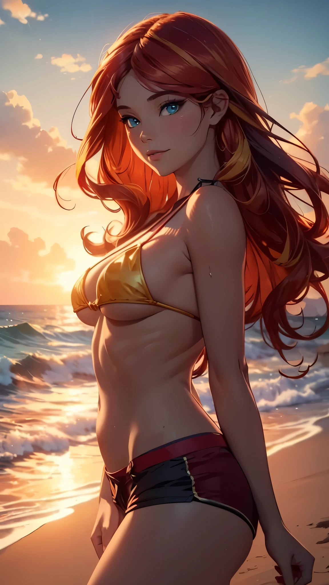 sunsethuman, a girl in a bikini top and short shorts, walking on a beach, two tones of red and yellow hair, smiling, with two trails of footprints behind her, (best quality,4k,8k,highres,masterpiece:1.2),ultra-detailed,(realistic,photorealistic,photo-realistic:1.37),sunny beach landscape, golden hour lighting,vibrant colors,cinematic lighting,ocean waves,detailed skin and facial features,beautiful detailed eyes,beautiful detailed lips,extremely detailed eyes and face,longeyelashes