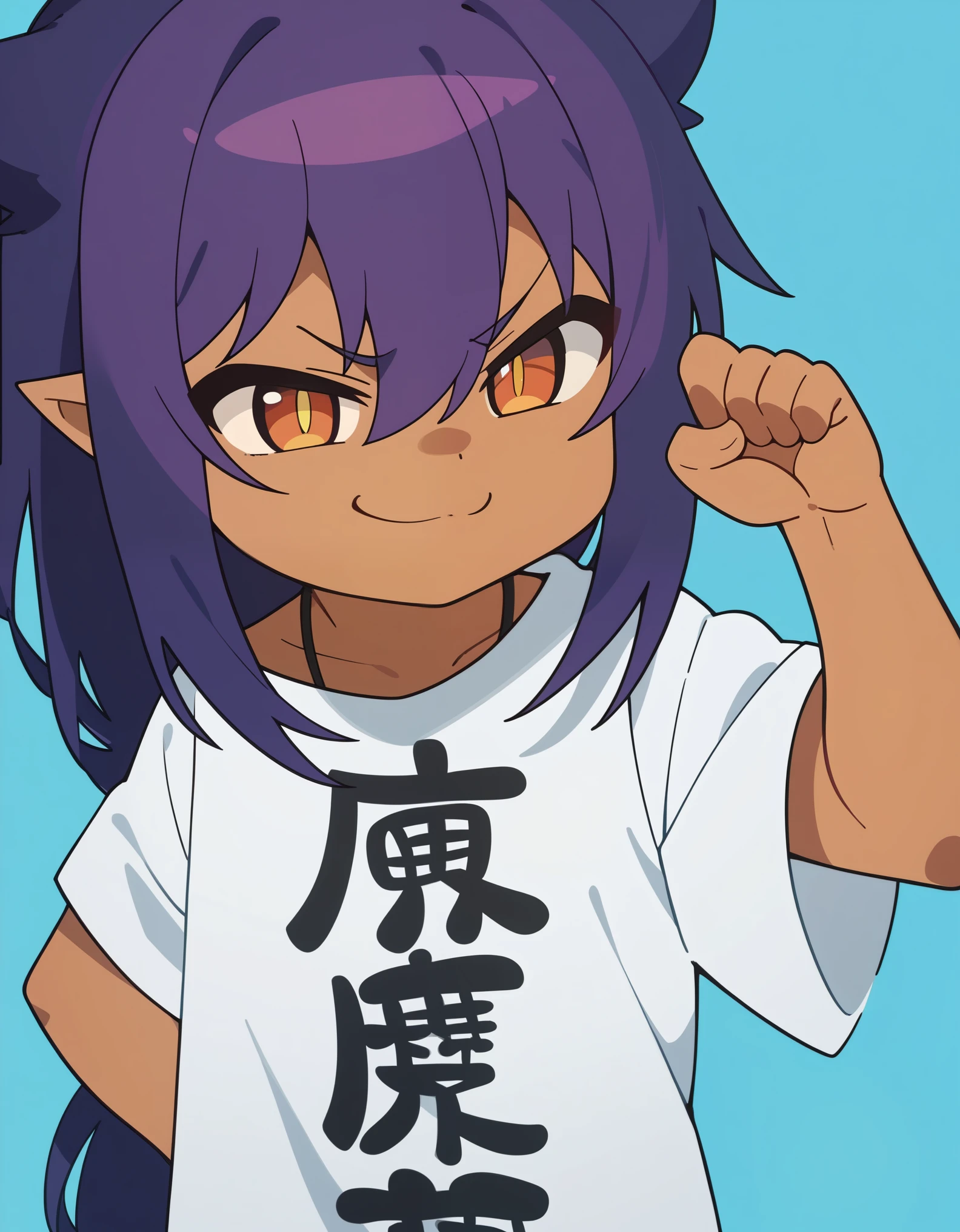 score_9, score_8_up, score_8, source_anime, 1girl, solo, chibi, dark skin, dark-skinned female, long hair, hair between eyes, purple hair, pointy ears, shirt, white shirt, clothes writing, oversized clothes, smug, smirk,
light blue background, simple background,