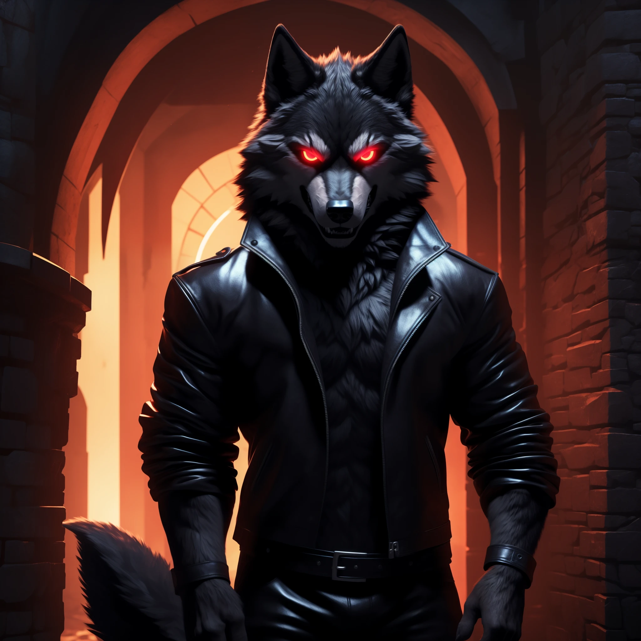 Posing, Male, 30 years old, Evil grin, black leather jacket, anthro, wolf ears, (black fur:1.5), wolf, dungeon background at night, 8k, hi res, (best quality, masterpiece), red glowing eyes, (wolf tail:1.5), detailed fur