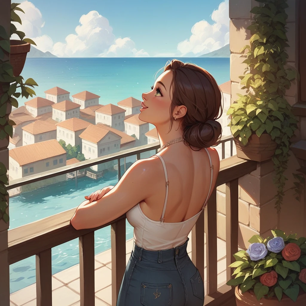 cheerful young woman on a balcony looking up