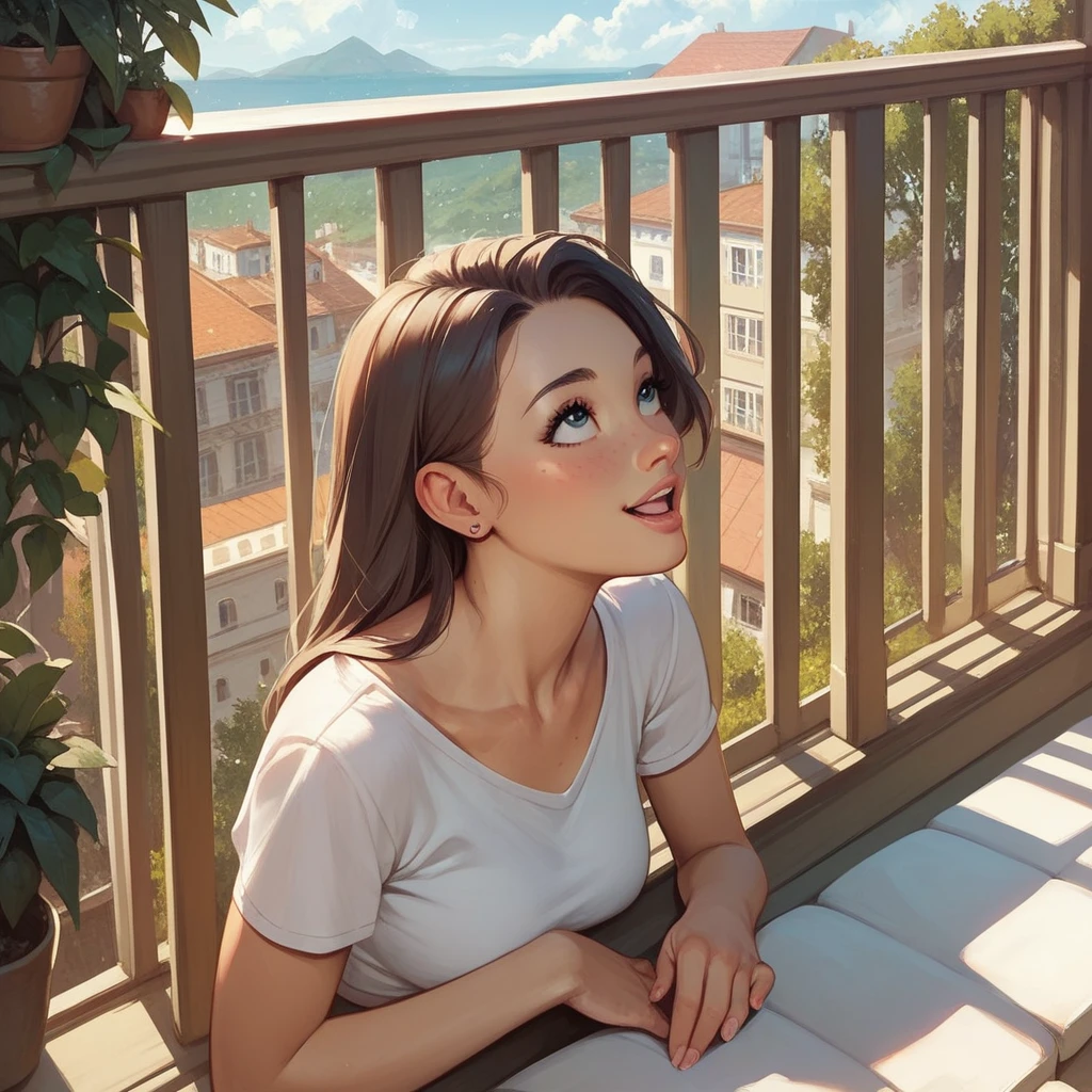 cheerful young woman on a balcony looking up