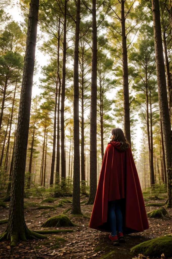 In a forest, a girl in a red cape