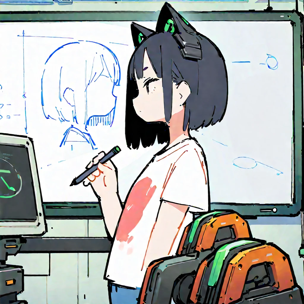 (Thick painting style),Bold line, ((masterpiece,)),(((Highest quality))),(sketch),((Whiteboard)),(((Profile of a girl in her twenties holding a pen))),Short black hair,Black cat ears,T-Shirts,jeans,(((machine,Character Portrait,Full Art))),Messy