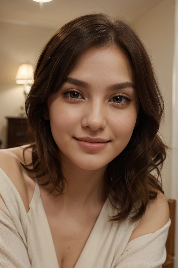table top, highest quality, shape, super detailed, exquisite, high resolution, 8K wallpaper, shape Perfect dynamic composition, mature woman 27 years old beautiful girl, beautiful girl beautiful, good posture; fiery idol, detailed face, super detailed cute eyes、 real lips 、 beautiful and real skin 、 shy smile 、 short brown wavy hair 、 small breasts 、 bold sexy pose 、 shirt One-shoulder wool, snowy mountains