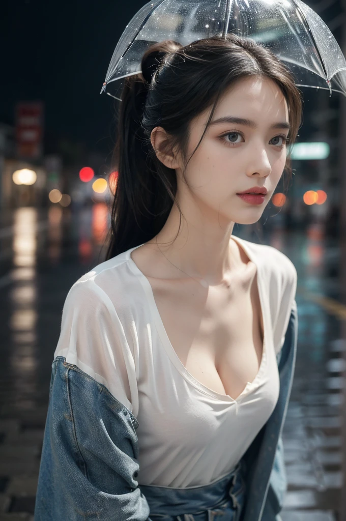 (((best quality))),(((ultra detailed))),(((masterpiece))),illustration,1girl, young,solo, slim,thin,short ponytail,small breasts,flat chest,white collared shirt,(cleavage:1.3),shorts,standing,arms behind back,rainy night, heavy rain, drenched clothes, melancholy expression, solitude, tear rolling down cheek, wet hair, empty streets, dimly lit, deserted environment, sound of rain, footsteps, symbol of hope, abandoned, resilience, determination, walking in rain, heartbreak, loss, love fading, loneliness, body language, facial expression, dreary atmosphere, rain-soaked streets, somber mood, viewer engagement,((upper body,from front)),urban scape,night scene