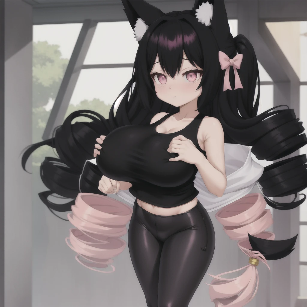 black hair, female, fox ears, fox tail, twin drills, solo, smol, pink eyes, massive breasts, very long hair, wear open cut black tight tank top and pink leggings, masterpiece, ultra high quality