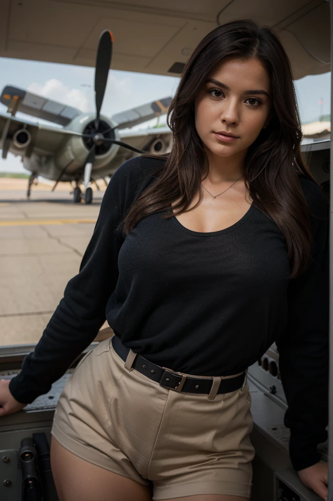 1girl in, 30 years old, Square face, Long hair, Looking at the viewer, jewelry, Realistic, Sexy, military combat outfit, military weapon background tank-plane-artillery-gun, private free position