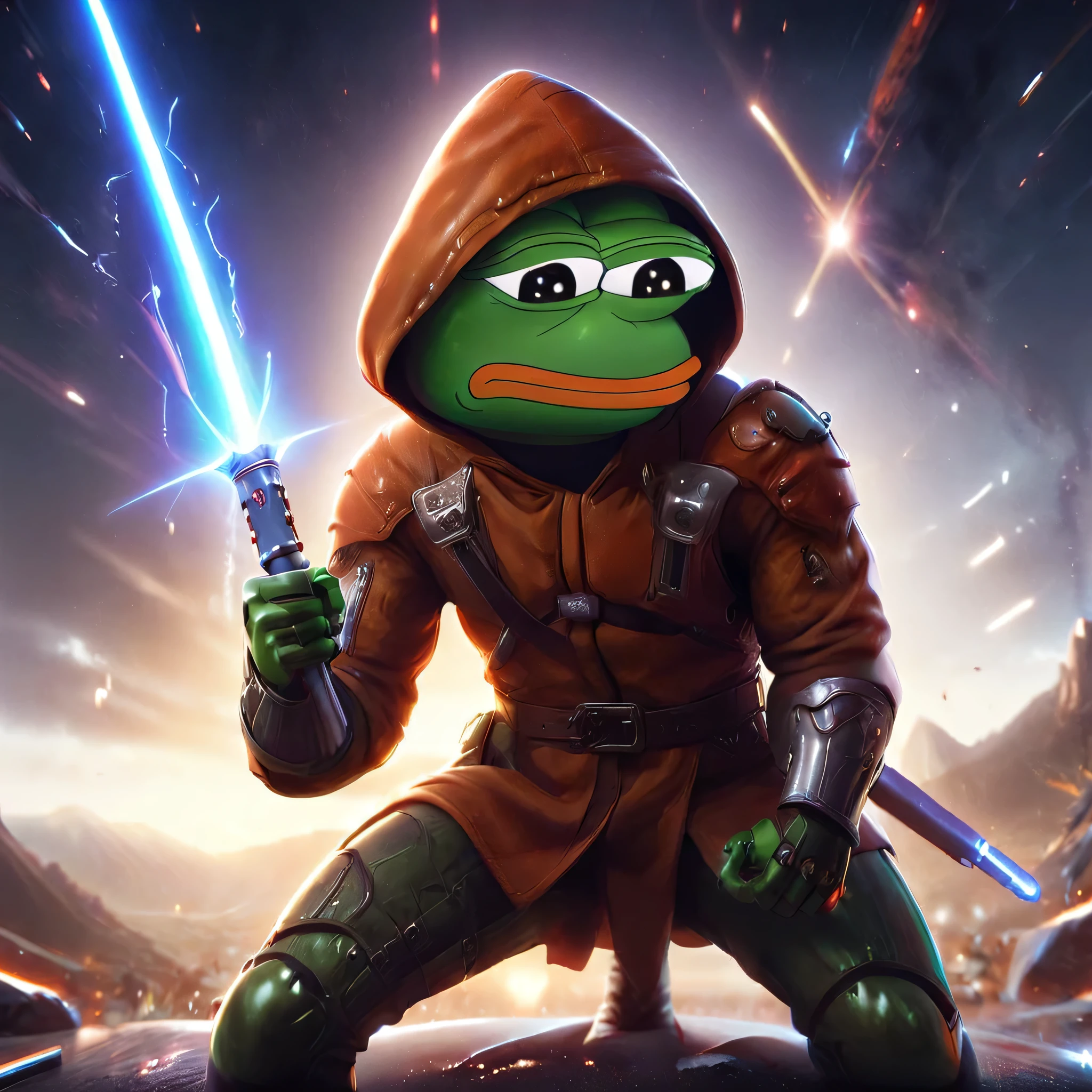 a hooded pepe the frog, holding a glowing saber in a fighting stance, saving the universe, highly detailed, cinematic lighting, epic sci-fi scene, vibrant colors, dramatic composition, photorealistic, 8k, HDR, unreal engine, award winning digital art