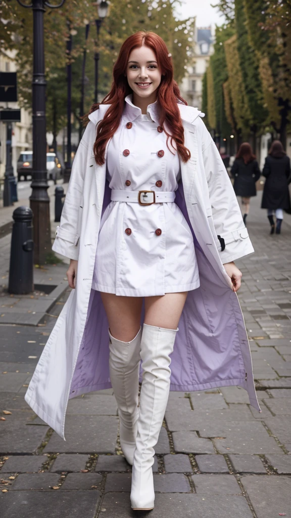 A white woman, long wavy cherry red hair, walks smiling through Paris, wearing a short purple dress, black knee-high boots, and a white overcoat. Full HD 4K high definition image.