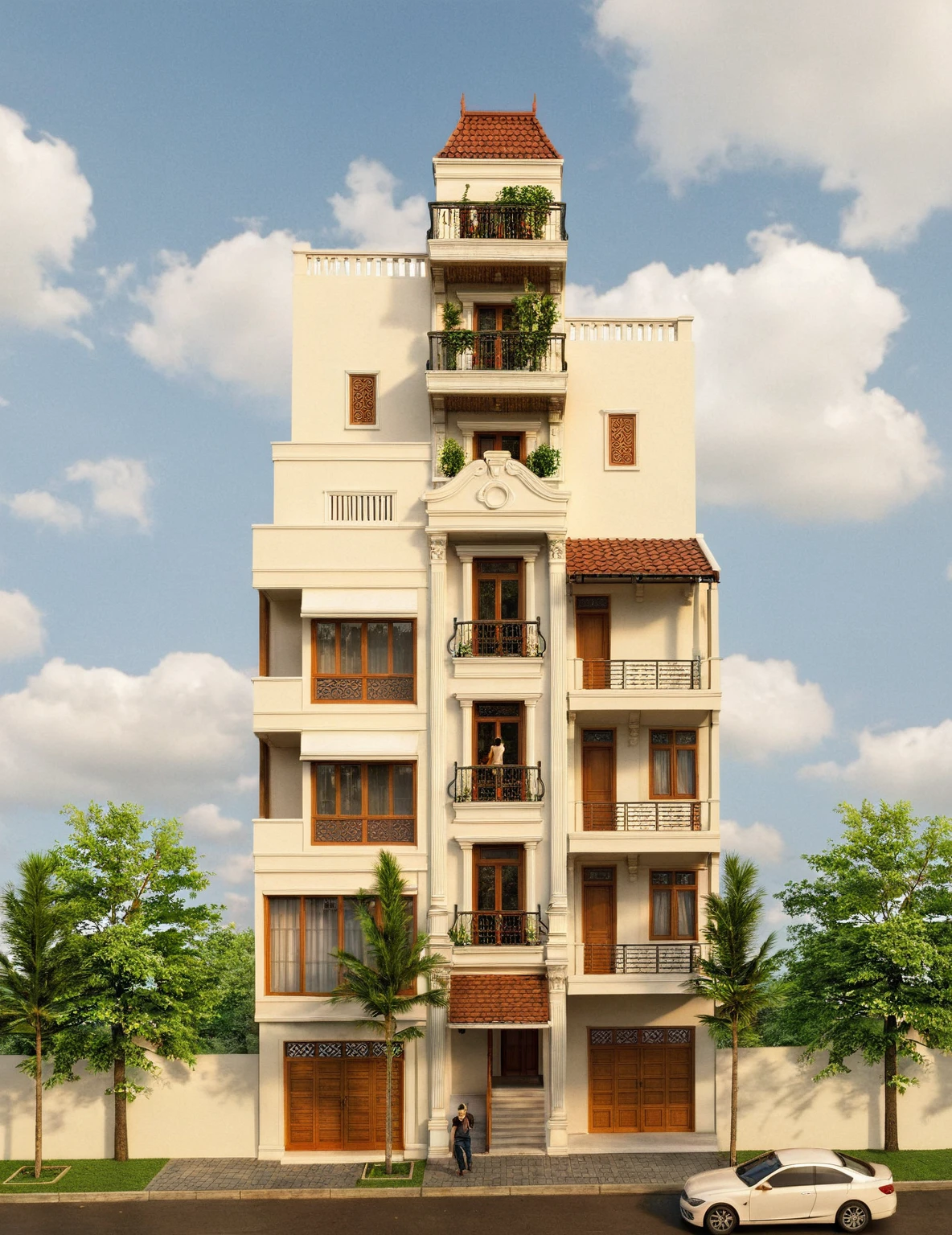 Raw photo,Masterpiece, high quality, best quality, authentic, super detail,
exterior, outdoors, house style indochine on the street ,aiaigroup
road,pavement, grass, trees, sky, cloud, (day:1.1)