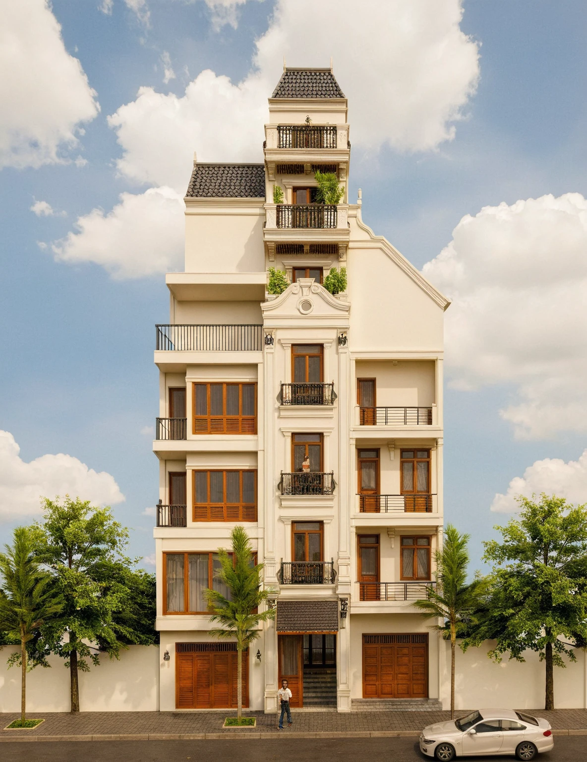 Raw photo,Masterpiece, high quality, best quality, authentic, super detail,
exterior, outdoors, house style indochine on the street ,aiaigroup
road,pavement, grass, trees, sky, cloud, (day:1.1)