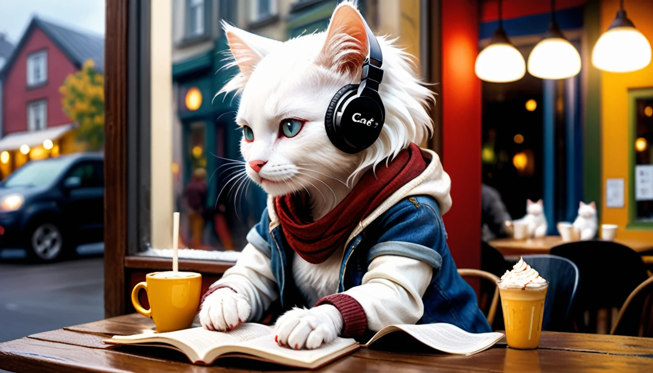 (photo cinematic), (((heavy rain outside the cafe))), anthropomorphic, cute white kitten, casual clothes, sitting by the window in the cafe, drinking hot chocolate, listening to music on headphones, (reading a book), 2D, colorful, warm atmosphere, shiny, Jean-Baptiste Monge style, Alan Lee style