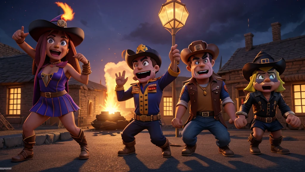 3D cartoon animation reality, Bade power control in village people, people was scared,bad power samthing witches, goblins, high quality, high resolution,8k details including
