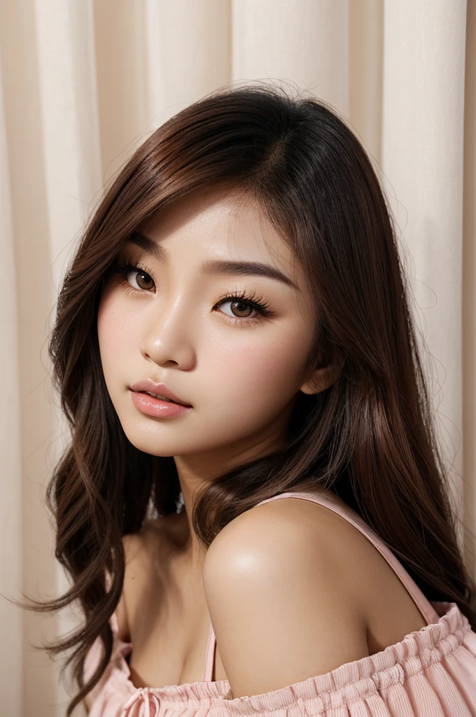 Create a korean-filipino girl with fair and light skin, glass skin, no acne, brown siren eyes with double eyelashes, elongated and exotic eyebrows, slim nose, pink plump lips, oval and heart face shape, sharp jawline, brunette hair with curly ends and curtain bangs