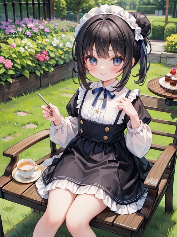 (8K, Highest quality, tableトップ:1.2)、Ultra-high resolution、7-year-old girl, Perfect Fingers, Detailed face, smile, black eye, Black Hair, half updo, Blue Apron Dress, garden, flower bed, table, tableクロス, Black tea, Tea cup, cake, Sit on a chair, Black teaを飲む